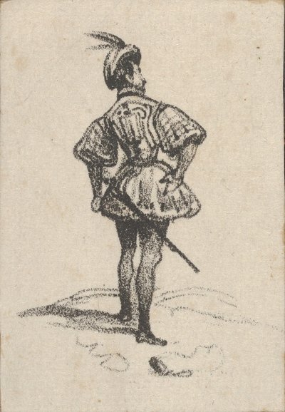 رجل يحمل قبعة ذات ريش وسيف ، ينظر إليها من الخلف ، منتصف القرن التاسع عشر. بواسطة فيكتور آدم