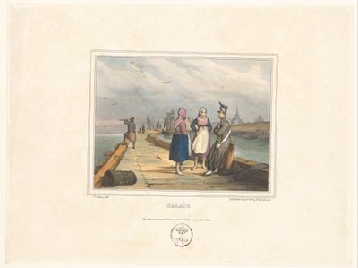 فتاتان وجندي على منصة الإنزال في كاليه كاليه (العنوان على الكائن) أزياء سكان مدن الموانئ (عنوان السلسلة) Costumes de marins، dessinés dans les port (عنوان السلسلة) بواسطة هنري ريتنر