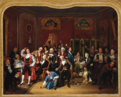 الممثل هوغ بوفي (1800-1888)، ممثلاً بأزياء أدواره الرئيسية، في غرفة تبديل الملابس الخاصة به في Théâtre des Variétés بواسطة فيكتور دارجو