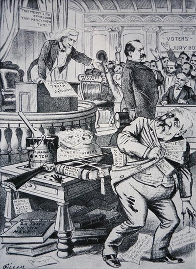 جروفر كليفلاند (1837-1908) يقول الحقيقة عن حياته الخاصة ، بينما يصور خصمه جيمس بلين (1830-1893) على أنه فاسد بواسطة فيكتور جيلام