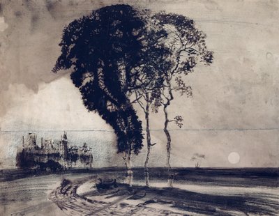 مناظر طبيعية مع ثلاث شجرات ، 1850 (فحم ، قلم حبر وقلم هندي ويغسل على ورق) بواسطة فيكتور هوغو