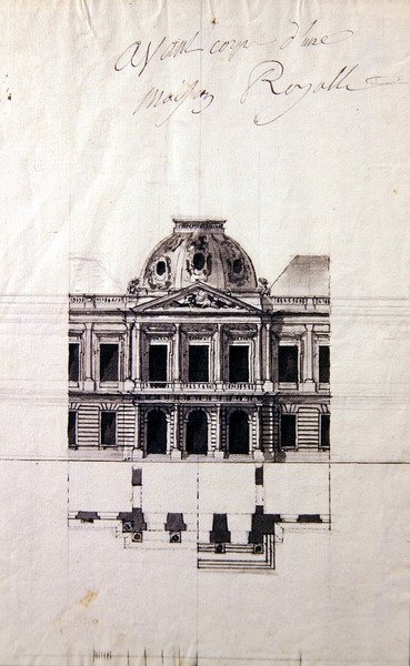 تصميم لواجهة منزل ملكي (قلم وحبر بغسالات رمادية) بواسطة فيكتور لويس