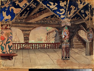 ديكور تحضيري للمسرحية المسرحية "La demoiselle des neiges" للمخرج ألكسندر أوستروفسكي (1823-1886) (تصميم مسرحي لمسرحية Snow Maiden من تأليف A Ostrovsky) التراس الخشبي - عمل فيكتور ميخائيلوفيتش فاسنيتسوف (1848-1926)) ، زيت على بواسطة فيكتور ميخائيلوفيتش فاسنيتسوف