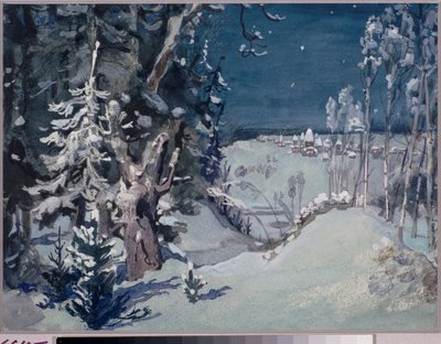 ديكور تحضيري لأوبرا "The Snow Maiden" لنيكولاس (نيكولاي) ريمسكي كورساكوف (ريمسكي كورساكوف) (1844-1908) (تصميم المسرح لأوبرا سنو مايدن من تأليف إن ريمسكي كورساكوف) قرية وسط منظر طبيعي للثلج ، الليل - عمل فني لفيكتور مي بواسطة فيكتور ميخائيلوفيتش فاسنيتسوف