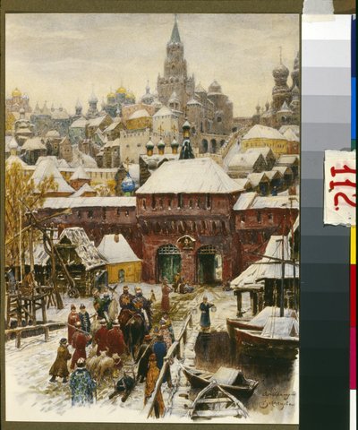 Moscou au 17e siecle (موسكو في القرن السابع عشر). Oeuvre de Appolinari Mikhaylovich Vasnetsov (1856-1933) ، طباعة حجرية. الفن روس ، الزعنفة 19E- لاول مرة 20 سيكل. متحف موسكو للتاريخ وإعادة الإعمار ، موسكو. بواسطة فيكتور ميخائيلوفيتش فاسنيتسوف