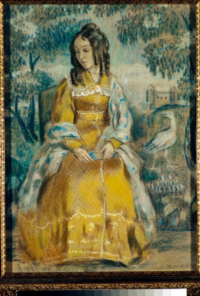 صورة لناديجدا ستانيوكوفيتش أمام نسيج ، متأمل ، مرتديًا فستان قماش قطني - رسم لفيكتور (فيكتور) إلبيدفوروفيتش بوريسوف-موساتوف (بوريسوف موساتوف) (1870-1905) بواسطة فيكتور إلبيديفوروفيتش بوريسوف موساتوف