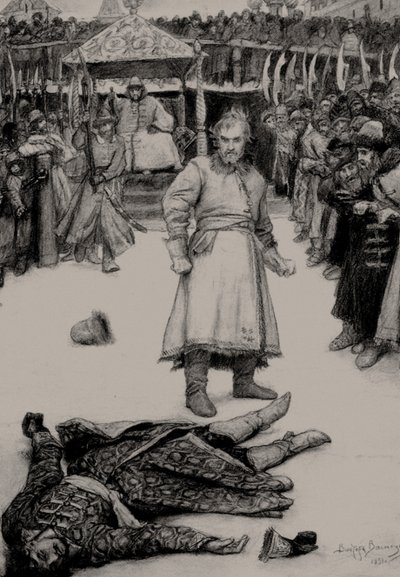 رسم توضيحي للقصيدة أغنية التاجر كلاشينكوف للمؤلف ليرمونتوف ، 1891. بواسطة فيكتور ميخائيلوفيتش فاسنيتسوف