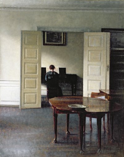 الداخلية مع امرأة تعزف على البيانو ، 1910 بواسطة Vilhelm Hammershoi