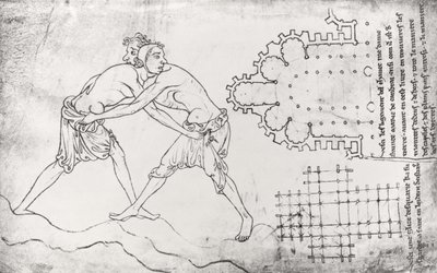 Ms.Fr.19093 fol.14v اثنان من المصارعين ، خطة كنيسة Cistercian وخطة جوقة نوتردام دي كامبراي (نسخة الفاكس) بواسطة فيلارد دي هونيكورت