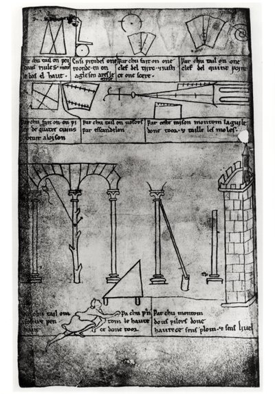 Ms.Fr.19093 fol.20v الأشكال الهندسية للبناء والأقواس ورجل قياس ارتفاع البرج (نسخة الفاكس) بواسطة فيلارد دي هونيكورت