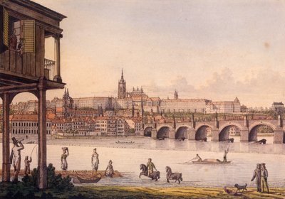 منظر لحي ليتل وقلعة براغ هرادكاني من حمام بابويك ، 1825 (النقش الملون) بواسطة فينسنس مورستادت
