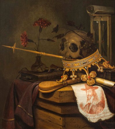 حياة Vanitas الساكنة مع جمجمة ، تاج ، صولجان ، فلوت ، منفاخ ، رملية ، قرنفل في إناء زجاجي ، تمرير ، كتاب وصورة منقوشة لتشارلز الأول بواسطة فنسنت لورنسز فان دير فين