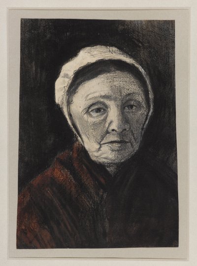 رأس امرأة عجوز ترتدي قبعة Scheveninger ، 1882-83 (فحم ، طباشير أسود وبني على ورق) بواسطة فنسنت فان جوخ
