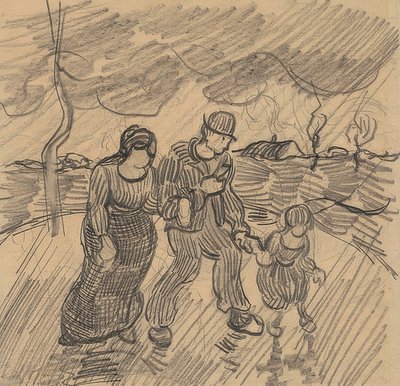 زوجين مع طفل في شارع تحت المطر. 1890 بواسطة فنسنت فان جوخ