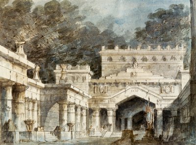 صممه فرانشيسكو بانارا للمشهد الخامس لنورما ، أوبرا لفينشنزو بيليني (1801-1835) ، تم أداؤها في مسرح لا فينيس في البندقية بواسطة فينسينزو بيليني