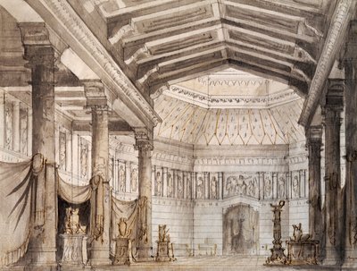 صممه فرانشيسكو بانارا للمشهد الثاني لنورما ، أوبرا لفينشنزو بيليني (1801-1835) ، تم أداؤها في مسرح لا فينيس في البندقية بواسطة فينسينزو بيليني