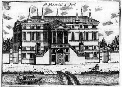 القصر (بالازو) فوسكاريني في سترا بالقرب من البندقية. في "" تفرد البندقية "لفينشنزو كورونيلي (1650-1718). بواسطة فينشنزو ماريا كورونيلي
