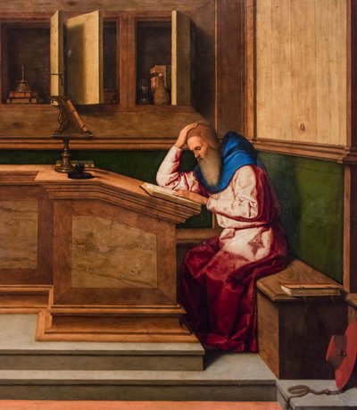 القديس جيروم في مكتبه، حوالي 1515-1520 (تقنية مختلطة على الحور) بواسطة فينتشينزو دي بياجيو كاتينا