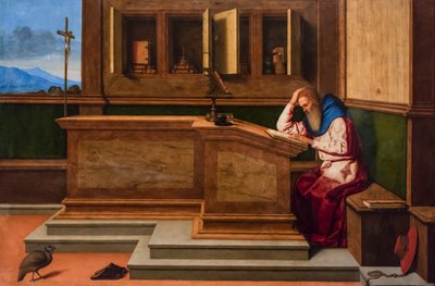 القديس جيروم في مكتبه، حوالي 1515-1520 (تقنية مختلطة على الحور) بواسطة فينتشينزو دي بياجيو كاتينا