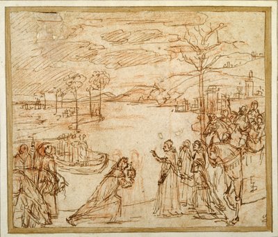Cardinal Bessarion presenting to three representatives of the Scuola della Carita in Venice the reliquary with a fragment of the True Cross (pen & ink over chalk on paper) بواسطة فيتوري كارباتشيو