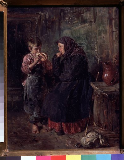 لم الشمل (لم الشمل). أم أتت لزيارة طفلها ، وكانت تسحب العصا والحزمة على الأرض ، وما زالت ترتدي معطفها ووشاحها على رأسها وتلتهم ابنها بعينها وهو يأكل نوعًا من البريوش. هو حافي القدمين بواسطة Vladimir Egorovic Makovsky