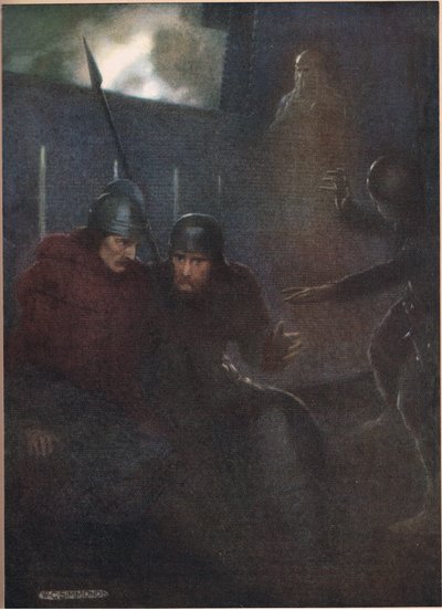 يظهر شبح والد هاملت ، من "هاملت" بقلم ويليام شكسبير ، طبعة نشرها Hodder und Stoughton في عام 1915 بواسطة حصة مسطحة سيموندز