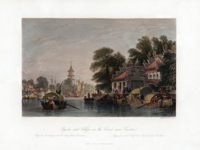 معبد وقرية ، على القناة بالقرب من كانتون ، الصين ، c1840. بواسطة WH كابوني