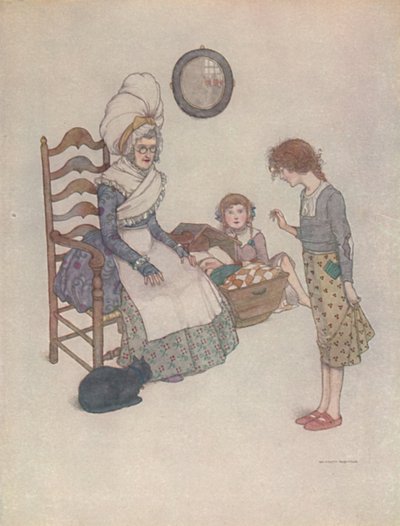 جلست في يوم من الأيام وصنعت من بعض قطع القماش الأحمر زوج من الأحذية الصغيرة ، c1930 بواسطة وليام هيث روبنسون