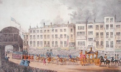 منظر لمعبد بار أثناء زيارة الملكة فيكتوريا لمدينة لندن عام 1837 بواسطة WR براون