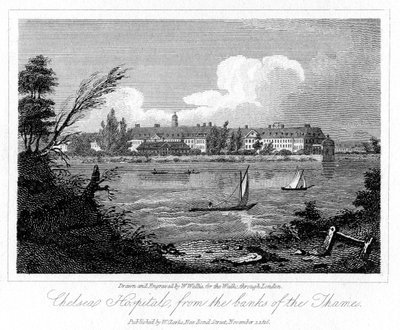 مستشفى تشيلسي ، من ضفة نهر التايمز ، لندن ، 1816. بواسطة دبليو واليس