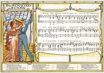 "Black-Eyed Susan" ، رسم توضيحي للأغنية من "Pan-Pipes" ، كتاب الأغاني القديمة ، مرتب حديثًا ومع المرافقات من Theo. Marzials ، نشر في لندن من قبل جورج روتليدج وأولاده ، 1884 (لون ليث بواسطة والتر كرين