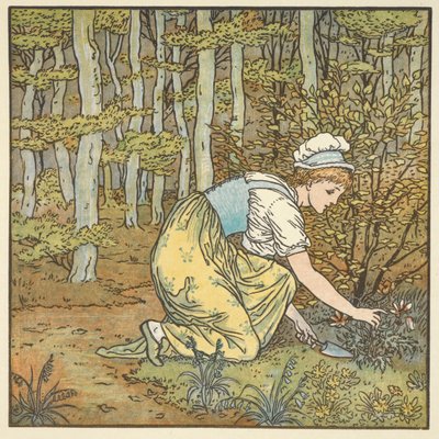 رسم ملون لـ "Gefunden" ، قافية مكتوبة باللغة الألمانية. شابة تقطف زهرة في الغابة. بواسطة والتر كرين