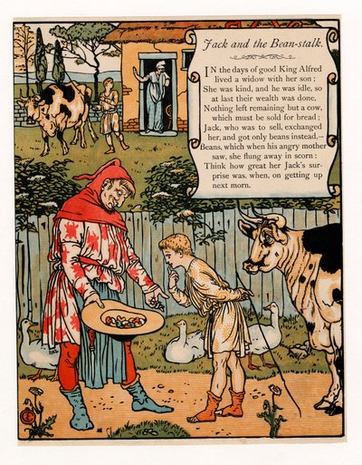 يبيع جاك بقرته مقابل الفاصوليا ، من The Blue Beard Picture Book ، حانة. 1879 طباعة حجرية ملونة ، 1879. بواسطة والتر كرين