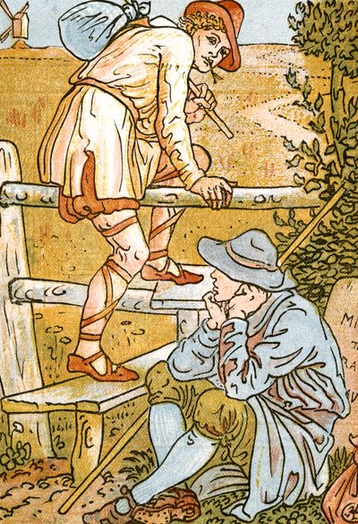 Jog On ، Jog On ، رسم توضيحي للأغنية من Pan-Pipes ، كتاب الأغاني القديمة ، مرتب حديثًا ومع المرافقات من Theo. Marzials ، نشر في لندن من قبل جورج روتليدج وأولاده ، 1884 (de بواسطة والتر كرين