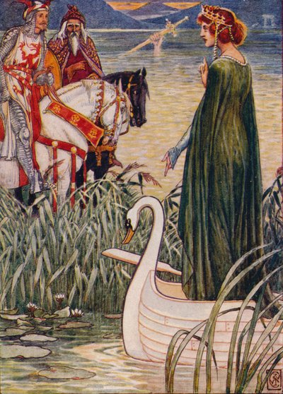 الملك آرثر يسأل سيدة البحيرة عن سيف Excalibur ، 1911. بواسطة والتر كرين
