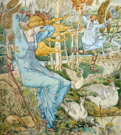 "شاب يحاول اللحاق بقبعته التي طارت مع الريح. جليس أوزة يراقبه. رسم توضيحي لوالتر كرين (1845-1915) مجموعة خاصة بواسطة والتر كرين