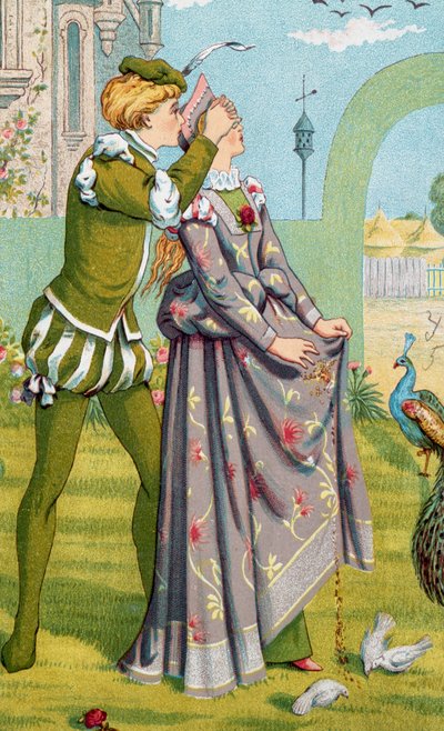"المفاجأة الرومانسية" صبي صغير يغطي عيني فتاة صغيرة. رسم توضيحي لوالتر كرين (1845-1915) وكيت غريناواي (1846-1901) بواسطة والتر كرين