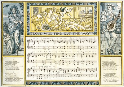 "الحب سيكتشف الطريق" ، رسم توضيحي للأغنية من "Pan-Pipes" ، كتاب الأغاني القديمة ، مرتب حديثًا ومع المرافقات لـ Theo. Marzials ، نشر في لندن من قبل جورج روتليدج وأولاده ، 1884 (ج بواسطة والتر كرين