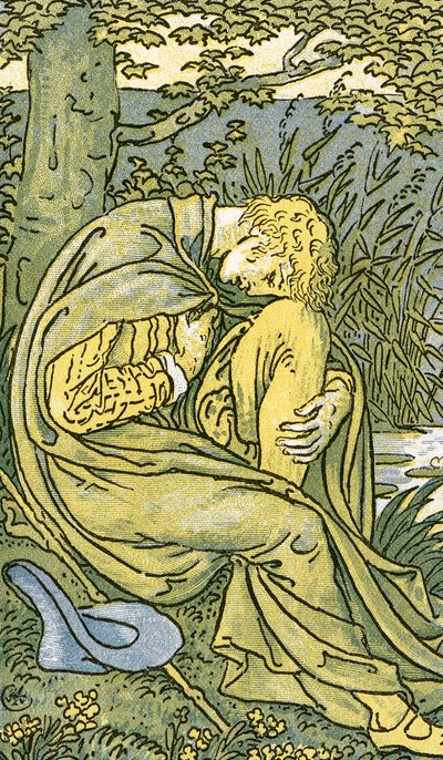 عاشق رأسه ينحني في الحزن ، من أغنية "O Willow، Willow" ، الأغنية الشعبية الإنجليزية التقليدية ، صورة توضيحية من "Pan-Pipes" ، كتاب الأغاني القديمة ، مرتب حديثًا ومع المرافقات من Theo. حانة Marzials بواسطة والتر كرين