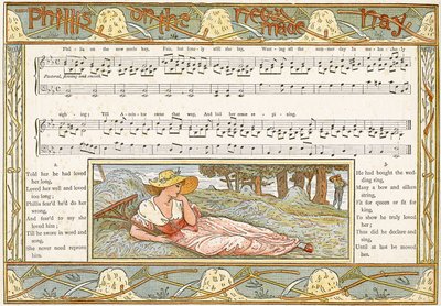 `` Phillis on the New Made Hay &39;&39; ، توضيح الأغنية من `` Pan-Pipes &39;&39; ، كتاب الأغاني القديمة ، مرتب حديثًا ومع المرافقات من Theo. Marzials ، نشر في لندن من قبل جورج روتليدج وأولاده ، 1884 ( بواسطة والتر كرين
