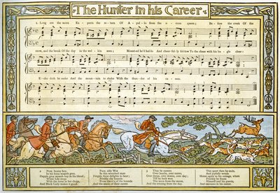 "الصياد في حياته المهنية" ، توضيح الأغنية من "Pan-Pipes" ، كتاب الأغاني القديمة ، مرتب حديثًا ومع المرافقات من Theo. Marzials ، نشر في لندن من قبل جورج روتليدج وأولاده ، 1884 (العقيد بواسطة والتر كرين
