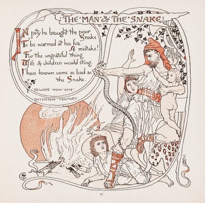 الرجل والأفعى ، صورة من إيسوبس فيليس ، حانة. 1887 بواسطة Walter Crane