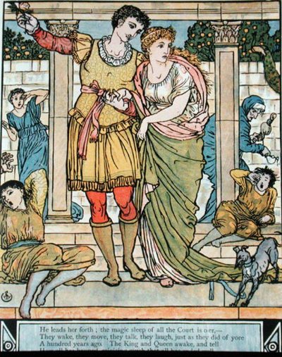 الأمير ينقذ الأميرة ، رسم توضيحي لـ "الجميلة النائمة" لتشارلز بيرولت (1628-1703) (نقش ملون) بواسطة والتر كرين