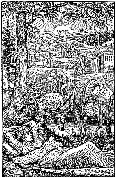 يسافر مع حمار في Cevennes (يسافر مع حمار في Cevennes) بواسطة Robert Louis Stevenson. في المساء ، دري ليكريفين ، خلال توقف ليلي ، بالقرب من دانيسه موديستين. واجهة الطبعة الإنجليزية الأولى (1879) ، خشب والتر كرا بواسطة والتر كرين