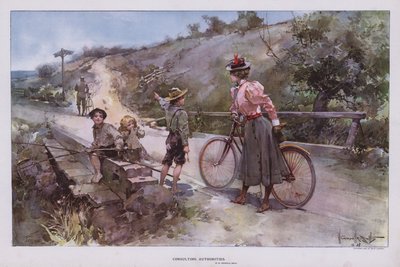 Consulting Authorities: woman out for a cycle ride asking a group of children for directions (colour litho) بواسطة والتر جرانفيل سميث