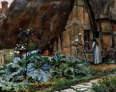 بجانب الكوخ محادثة عند نافذة حظيرة. لوحة لويل والتر لانغلي (1852-1922 بريطاني) مجموعة خاصة بواسطة والتر لانجلي