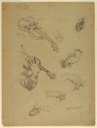 رسم، ورقة دراسات لأيادي عازف كمان، 1878 بواسطة والتر شيرلو