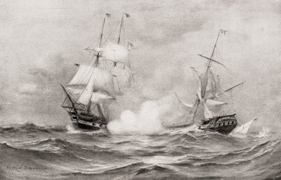 القتال بين دستور USS و HMS Guerriere ، خلال حرب عام 1812 ، على بعد 400 ميل تقريبًا جنوب شرق هاليفاكس ، نوفا سكوتيا ، من تاريخ بلادنا ، نشر 1905 بواسطة وارن شيبارد