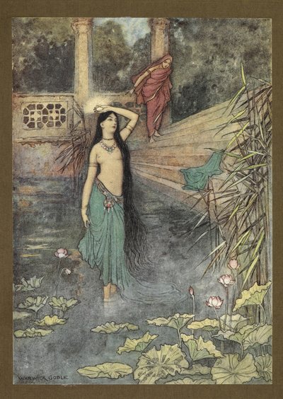 واجهة الكتاب: "خرجت مسرعا من القصر ... وأتت إلى الدنيا العليا". من Folk-Tales of Bengal ... مع 32 رسمًا توضيحيًا ملونًا من Warwick Goble (Edition de luxe.) بواسطة وارويك جوبل