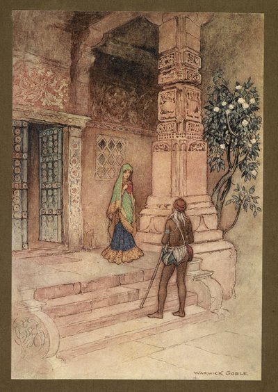 اللوحة 1: "ذهبت ملكة سو إلى الباب مع حفنة من الأرز." من حكايات البنغال الشعبية ... مع 32 رسمًا توضيحيًا ملونًا لوارويك جوبل. (الطبعة الفاخرة.) بواسطة وارويك جوبل